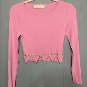 Lizette Collection pink crop sweater with heart rhinestones, Size Small